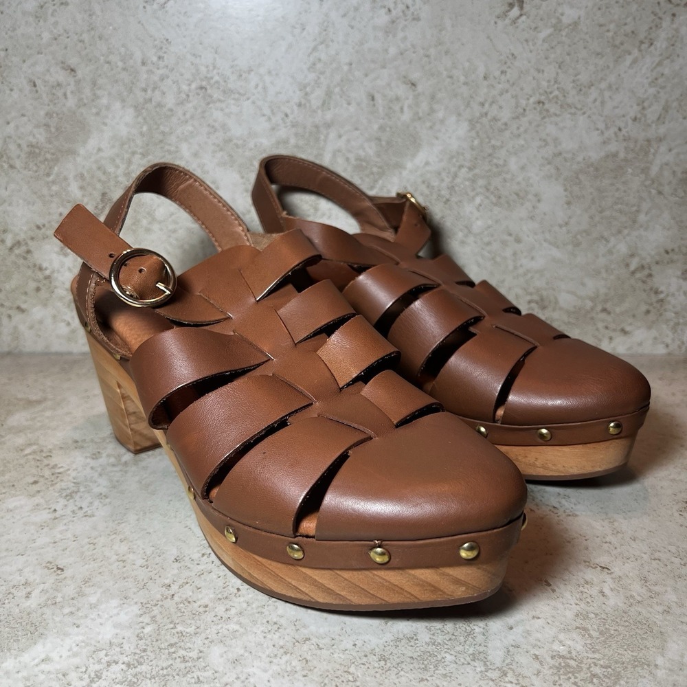 Pilcro Anthropologie Leather Fisherman Clogs Wood Platform Sandals Size 10 Spain